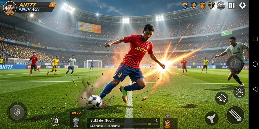 Tangkapan layar gameplay AN777 menampilkan pertandingan sepak bola yang intens.