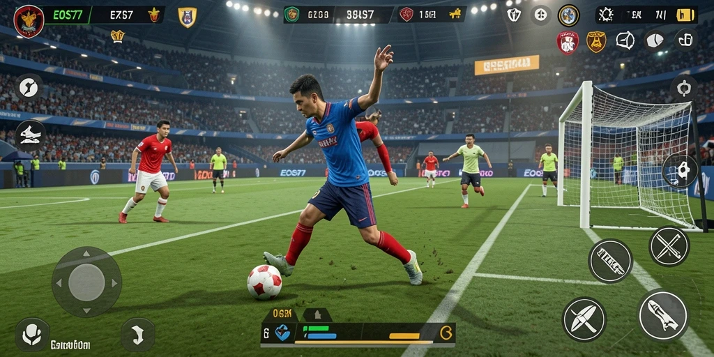 Tangkapan layar utama EOS77 menampilkan aksi mendebarkan dalam pertandingan olahraga.